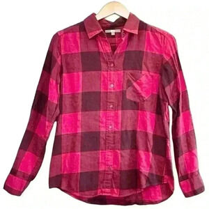 🌈 6/$60, Uniqlo Women’s Flannel, Pink, Maroon Plaid, Front Pocket, Medium